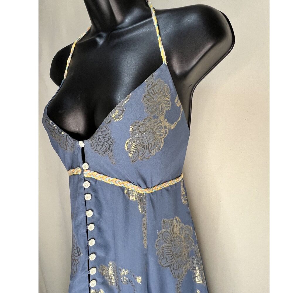 Elizabeth and James Blue Metallic Floral Silk Halter Dress M Boho Slip Midi Y2K - Picture 3 of 7